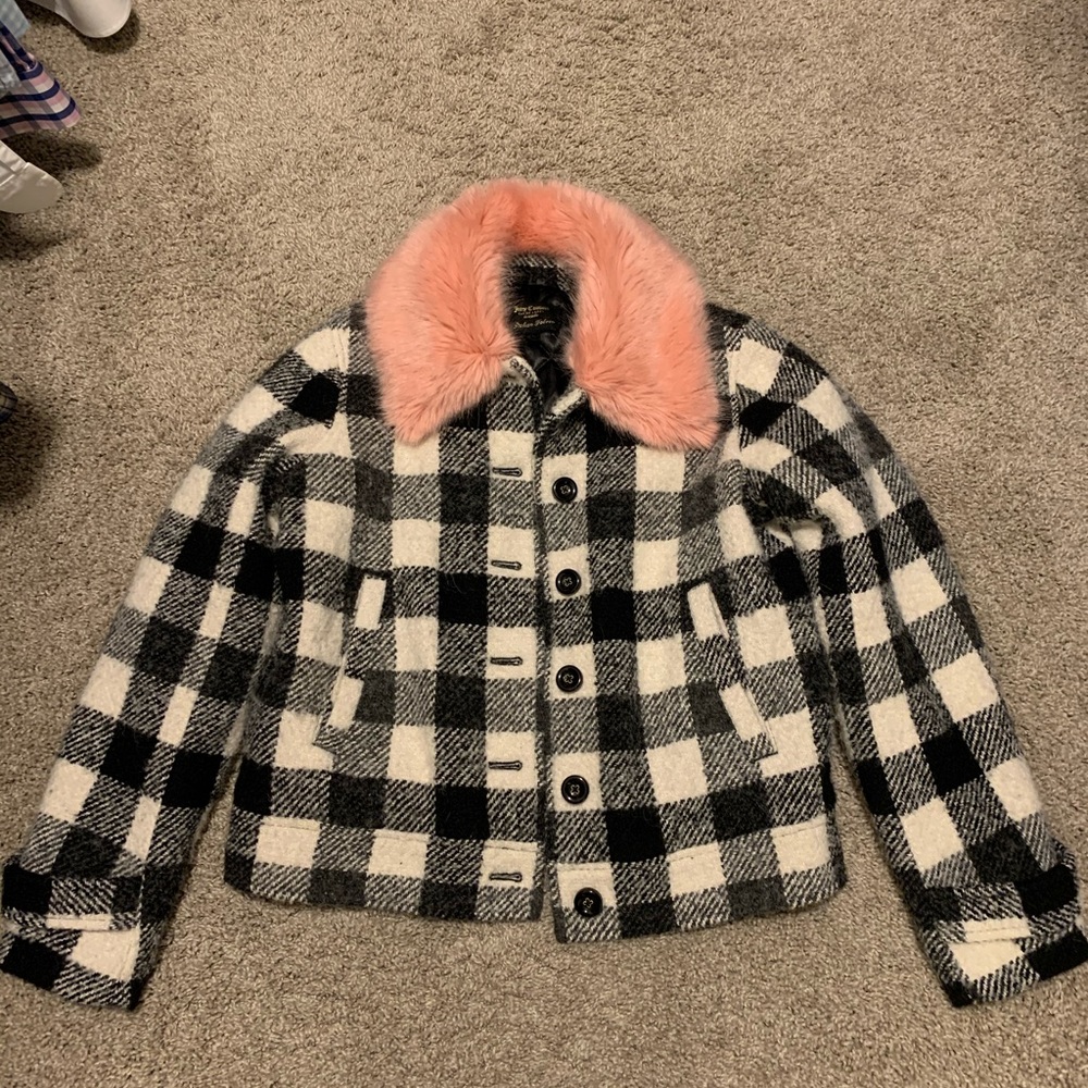 Juicy plaid jacket with pink faux fur collar